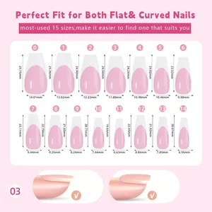 Size chart showing 15 precise dimensions for matte French press-on nails from size 0 to 14