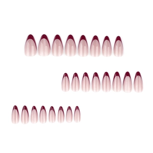 Glossy almond press-on nails with nude base and classic red French tips, 24-piece set