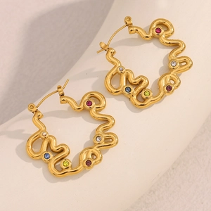Irregular Wave Hoop Earrings Stainless Steel 18K Gold Plated Colorful Zircon Twisted Earrings For Women