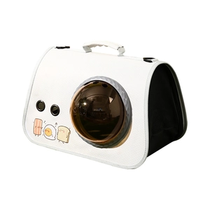 Portable white pet capsule bag with transparent window and cute cartoon patterns