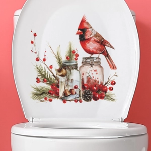 Autocollant Couvercle De Toilette Cardinal De Noël Baies Rouges Branche De Pin PVC Amovible Autocollant Décalcomanie Murale