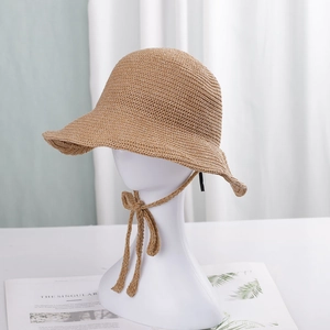Women Crochet Knit Bucket Hat With Adjustable Chin Strap Summer Sun Protection Breathable Foldable Beach Fisherman Cap