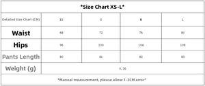 Size chart for high-waisted houndstooth shorts showing XS to L measurements in cm