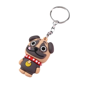 Cute cartoon pug keychain featuring a brown soft rubber dog pendant with a red collar and ring