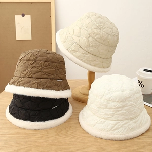 Quilted Bucket Hat Faux Fur Trim Winter Warm Thickened Fisherman Cap Japanese Style Casual For Women