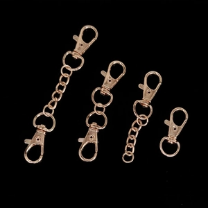 Macro shot of rose gold lobster claw clasps and chain link keychain accessories