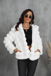 Detail view of white faux fur hooded jacket with horizontal striped pattern and zipper