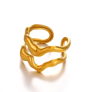 Polished gold minimalist double layer wave ring with an adjustable open design