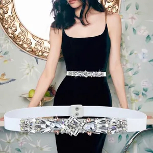Elegant white elastic waist belt for women with sparkling crystal rhinestone centerpiece