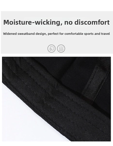 Detail of the widened sweatband inside the black baseball cap for moisture wicking