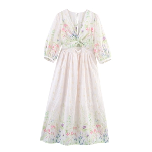 Women's French Sweet Embroidered Maxi Dress Floral Print V Neck High Waist Lantern Half Sleeve Elegant Summer Dress Top