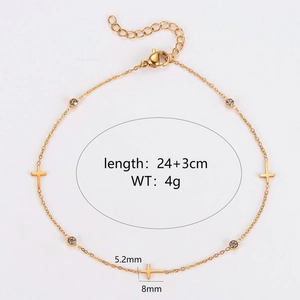 Gold stainless steel anklet with sparkling crystal charms and small cross pendants