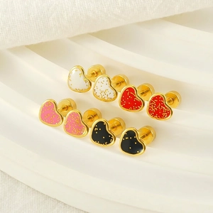 Heart Stud Earrings 18K Gold Plated Stainless Steel Enamel Polka Dot Glitter French Sweet For Women Screw Back