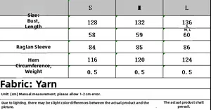 Size chart for jacquard knit sweater showing chest, length, and raglan sleeve measurements