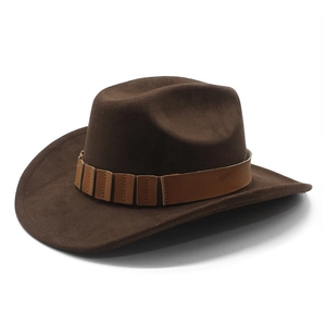 Chapeau De Cowboy Occidental Suédine Fedora À Bord Large Avec Bande En Cuir Ethnique Unisexe Protection Solaire Style Rétro