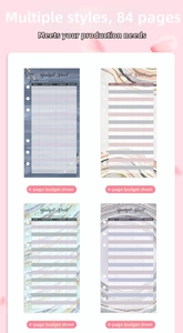 Detailed budget sheets for A6 binder showing four marble patterns and 84 pages