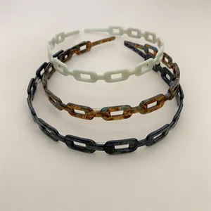 Three-piece set of acetate hollow chain headbands in cream, tortoiseshell, and navy blue