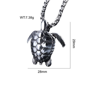 Detailed turtle pendant dimensions showing 29mm height and 7.38g weight on white background