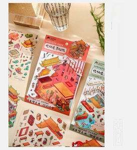 Detail of vintage 3D Chinese palace theme stickers with scenery cards for DIY journals
