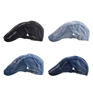 Vintage distressed denim ivy caps in four colors featuring ripped details and side buckles