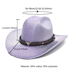 Chapeau de cowboy violet à paillettes avec bandeau en cuir brun et ornement tête de taureau