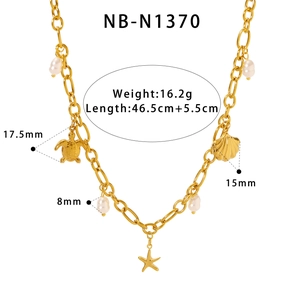 Detailed technical view of gold necklace with sea charms, pearl, and dimension markings