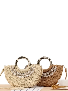 Bohemian Handwoven Paper Rope Semi-Circle Bag With Natural Shell Decoration Holiday Beach Crossbody Bag For Women