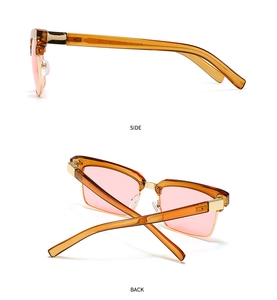 Side and back view of retro square sunglasses with amber frames and pink lenses