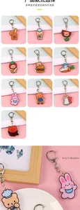 Detail of acrylic cartoon keychains featuring bear and bunny motifs with metal clasps