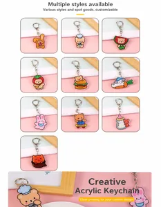 Detail of acrylic cartoon keychains featuring bear and bunny motifs with metal clasps