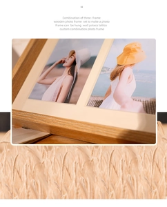 Detail of a three-frame wooden photo display with warm wheat background for home decor