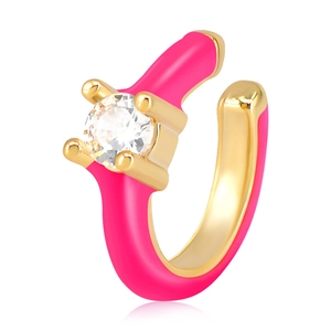Detail of neon pink enamel earring with round cubic zirconia in a 18k gold setting