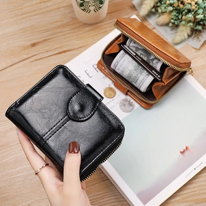 Womens Short Wallet PU Leather Bifold Coin Purse Zipper Card Holder Minimalist Glossy Elegant Clutch Purse