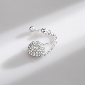 S925 sterling silver chain ring with a micro-pave crystal ball and adjustable double links