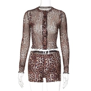 Detail of leopard print mesh fabric on long sleeve crop top and high waist shorts set