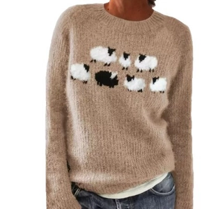 Women's loose color-block knit sweater with cute black and white sheep pattern