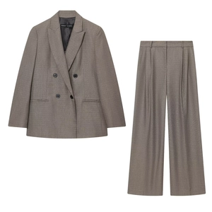 Women Professional Double Breasted Blazer and Wide Leg Pants Set Solid Color Office Casual Suit Top Bottom Formal Wear