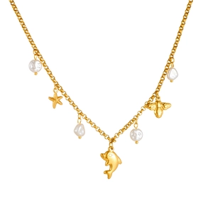 Golden stainless steel necklace with dolphin, starfish, bee charms and baroque pearls