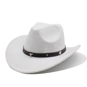 Detailed view of silver star rivets on the brown band of a white felt cowboy hat