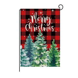 Christmas garden flag with red buffalo plaid, watercolor tree and Merry Christmas text