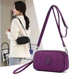 Nylon Multi-Compartment Crossbody Bag For Women Waterproof Lightweight Solid Color Triple Zipper Layer Shoulder Purse Handbag