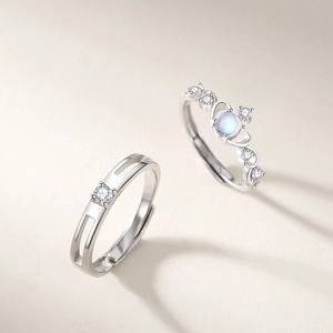 Minimalist silver moonstone couple rings set with crown tiara design for lovers