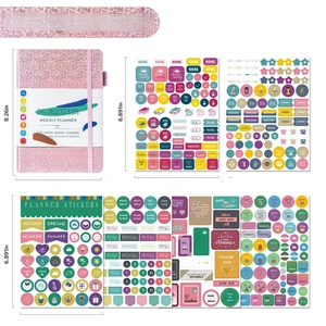 Pink PU leather weekly planner set including six sheets of colorful functional stickers
