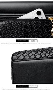 Detail of black woven leather handbag with back anti-theft zipper pocket and precise stitching