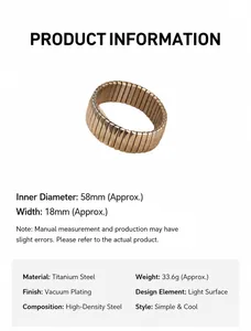 Detailed view of wide gold titanium steel elastic bracelet with 18mm width and 58mm diameter