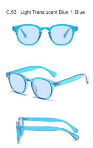 Vue en trois angles de lunettes rondes bleu translucide avec rivets et marquage CE