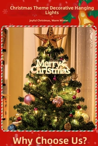 Detail of warm LED Merry Christmas lights and golden star on a green Christmas tree