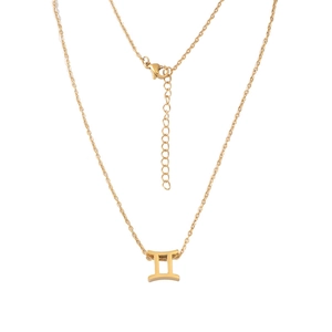 Gold plated Gemini zodiac sign pendant necklace on white background with lobster clasp