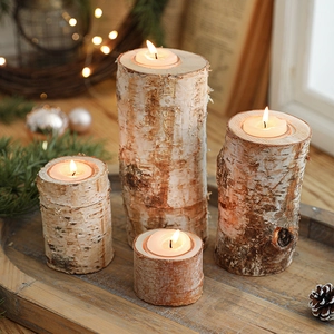 Christmas Candle Holder Natural Birch Wood Log Tree Bark Tealight Base For Holiday Party Table Rustic Farmhouse Decor