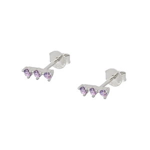 Macro shot of S925 silver stud earrings featuring three inlaid purple zircons in a row